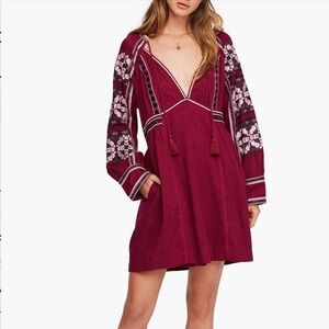 Free People Burgundy Mini Dress with Embroidered Sleeves